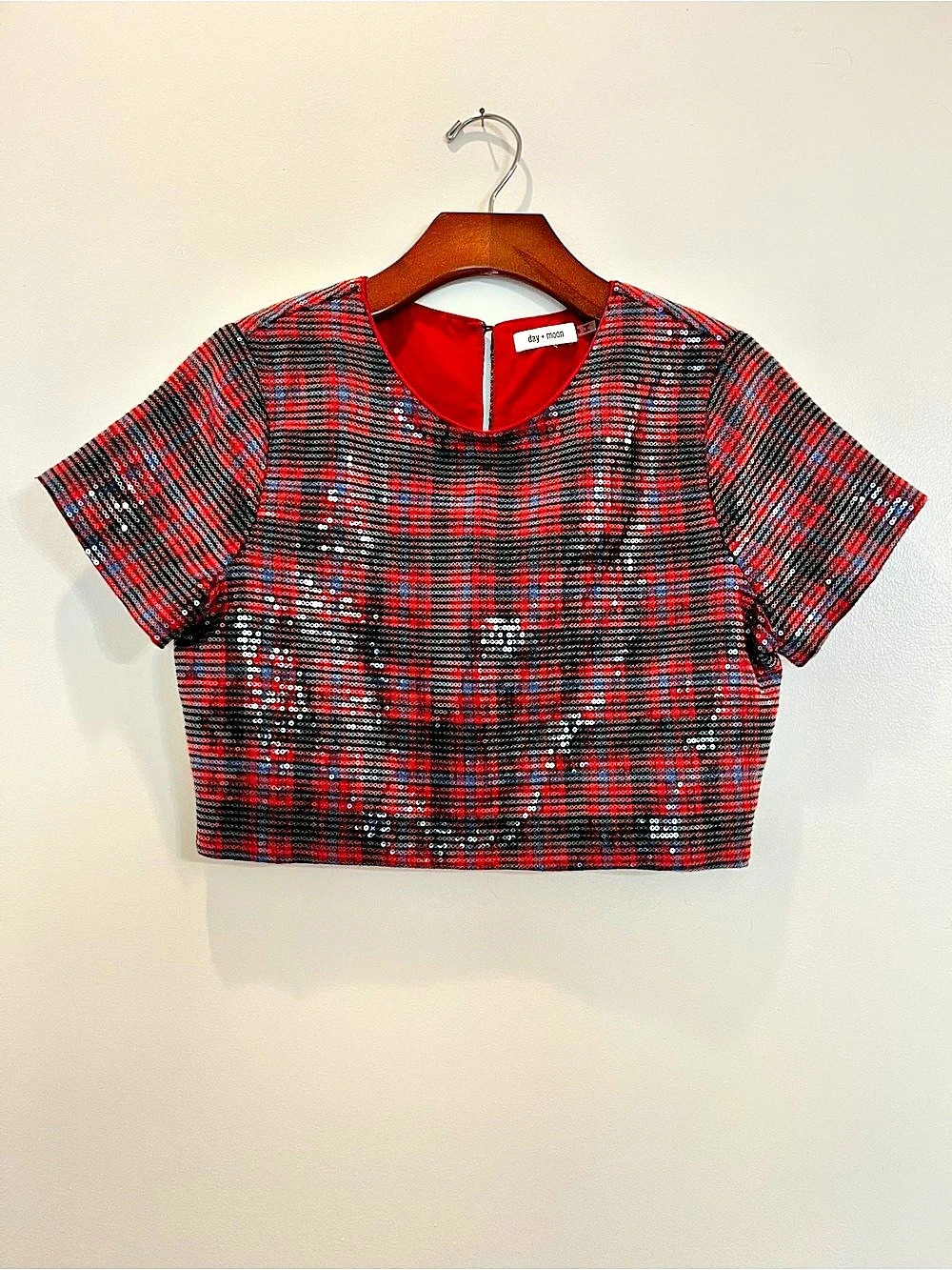 day + moon Plaid Sequin Crop Top in Red & Black Size Small Like New
